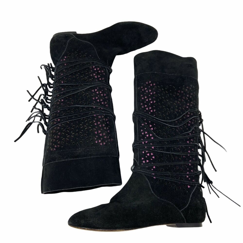 Madison Harding Black Suede Tall Laser Cut Boho Fringe Boots Sz 7